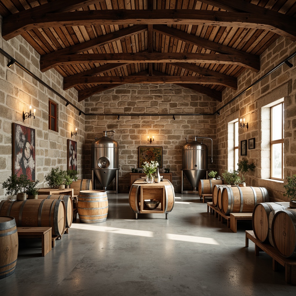 Prompt: Rustic winery, weathered stone walls, aged wooden barrels, metal fermentation tanks, earthy tones, natural textures, minimalist decor, industrial lighting, reclaimed wood accents, concrete floors, sleek steel beams, modern wine-making equipment, spacious open-plan interior, abundant natural light, soft warm glow, shallow depth of field, 1/1 composition, realistic reflections, ambient occlusion.