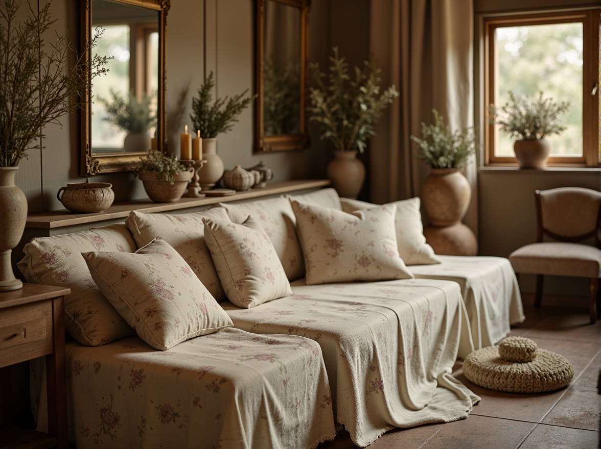 Prompt: Distressed vintage fabrics, soft pastel hues, romantic floral patterns, lace trimmings, ruffled edges, cotton linen blends, subtle sheen, warm beige tones, rustic wooden accents, antique furniture pieces, distressed metalware, ornate mirrors, candlelit ambiance, warm golden lighting, shallow depth of field, 1/1 composition, intimate atmosphere, realistic textures.