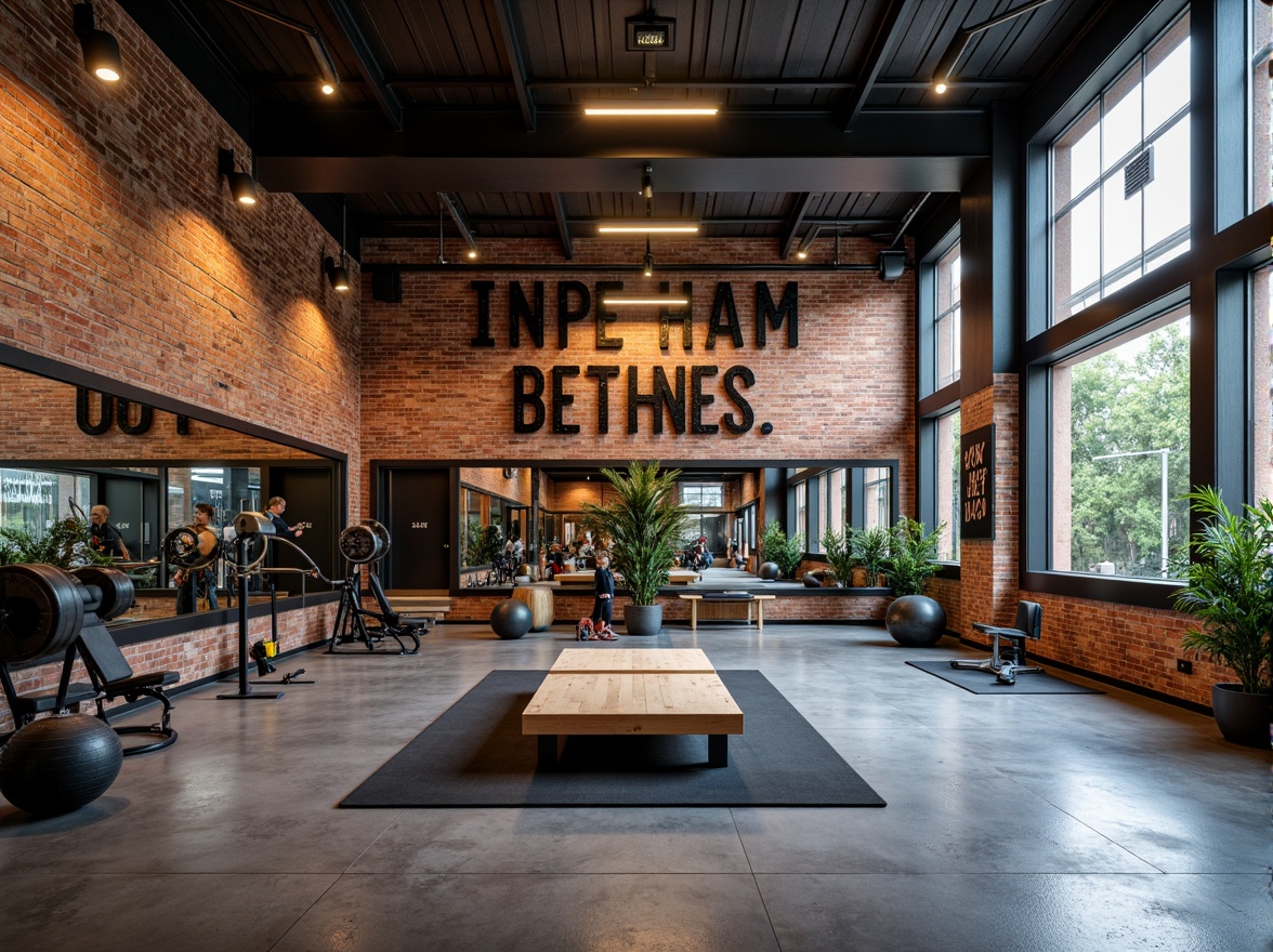 Prompt: Industrial-chic home gym, exposed brick walls, concrete flooring, metallic accents, modern LED lighting, sleek mirrors, rubber flooring, athletic equipment, motivational quotes, urban loft atmosphere, high ceilings, industrial-style windows, natural stone feature walls, reclaimed wood accents, bold color schemes, dynamic shadowing, 1/2 composition, softbox lighting, realistic textures.