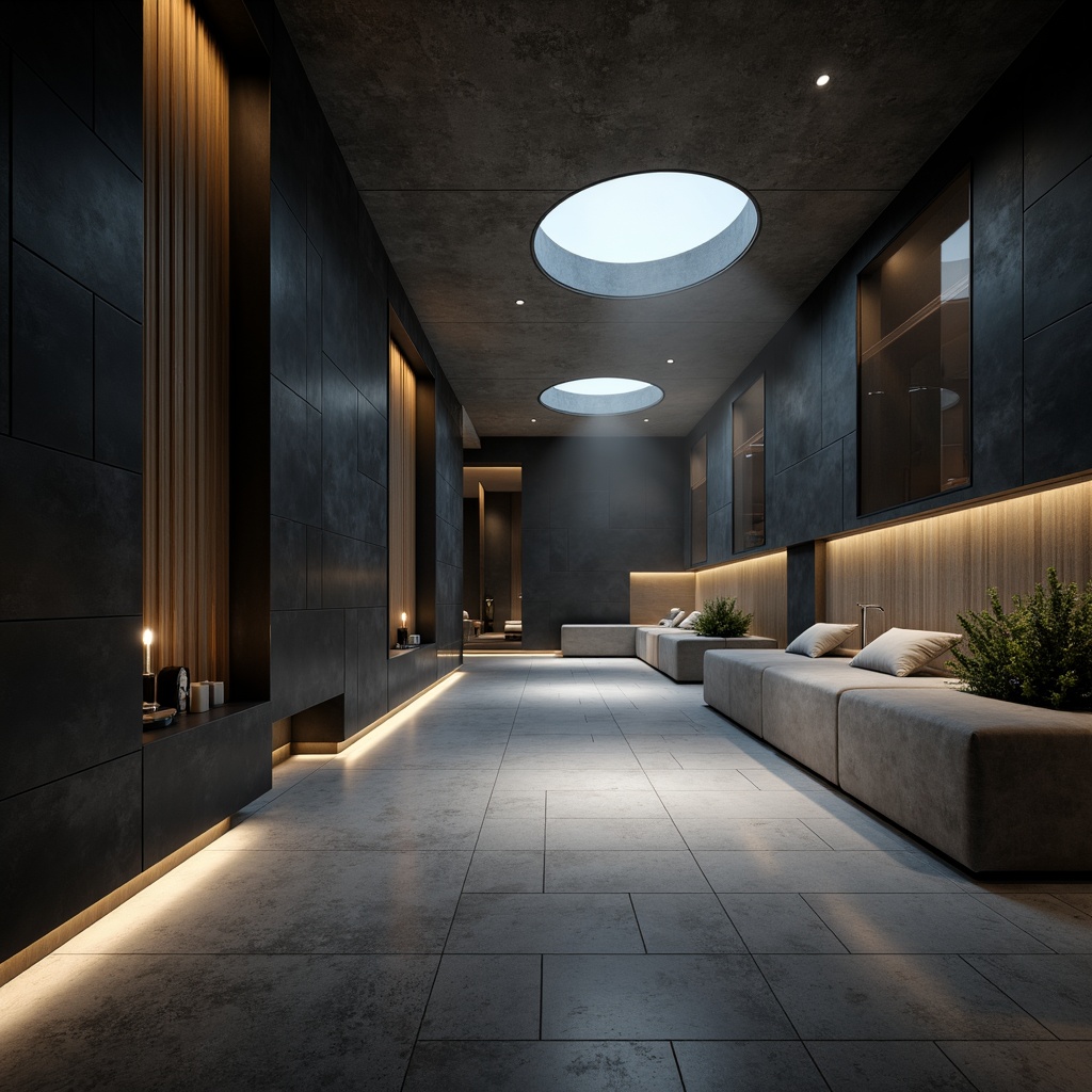 Prompt: Curved walls, metallic accents, geometric patterns, sleek lines, minimalist decor, monochromatic color scheme, polished chrome finishes, luxurious textiles, ambient lighting, subtle shading, 1/1 composition, cinematic perspective, atmospheric fog effects, soft focus blur.