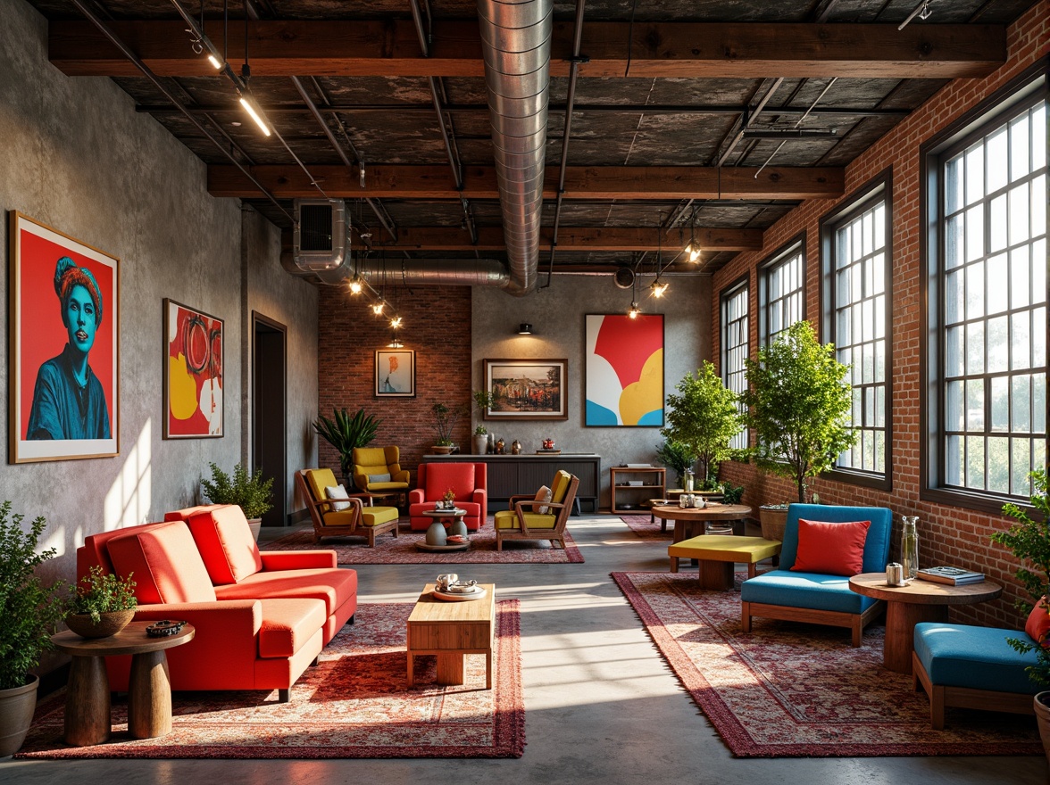 Prompt: Vibrant eclectic interior, bold color palette, mixed textures, patterned rugs, mismatched furniture, industrial lighting fixtures, exposed brick walls, reclaimed wood accents, metallic ceiling details, abstract artwork, unconventional decorative pieces, floor-to-ceiling windows, natural light pouring in, warm ambient glow, softbox lighting, layered lighting effects, 1/1 composition, realistic renderings, high-dynamic-range imaging.