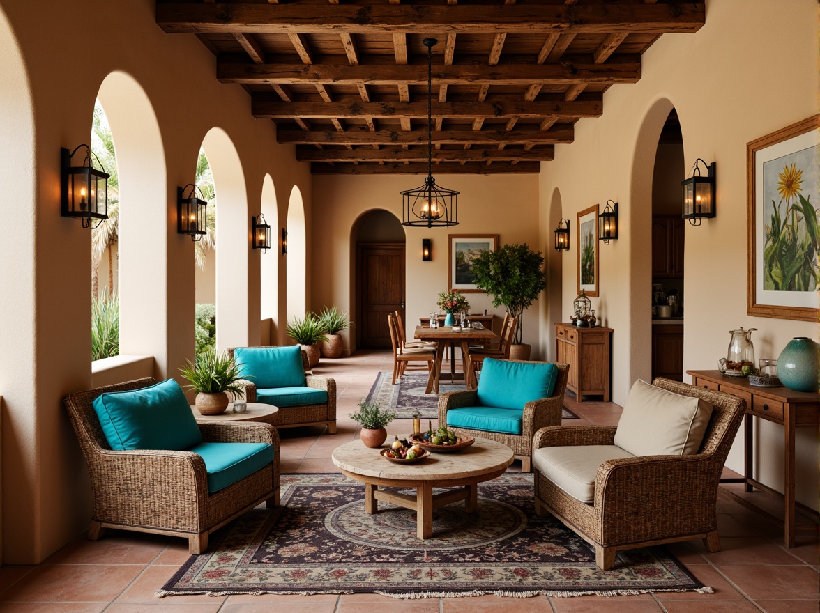 Prompt: Vibrant turquoise accents, rustic wooden tables, woven wicker chairs, plush earth-toned upholstery, distressed leather armchairs, southwestern patterned rugs, terracotta pottery, vintage metal lanterns, natural fiber textiles, warm beige stucco walls, exposed wooden beams, arched doorways, desert botanical prints, ambient candle lighting, 3/4 composition, shallow depth of field, realistic textures.