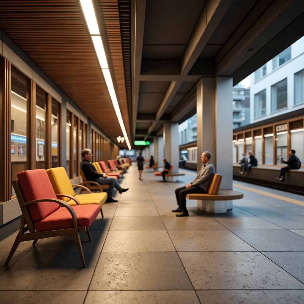 Prompt: Cozy metro station, modern seating arrangements, comfortable benches, soft cushions, vibrant colors, stainless steel frames, wooden accents, natural stone floors, warm lighting, gentle curves, minimalist design, urban atmosphere, rush hour scenes, busy commuters, dynamic city life, shallow depth of field, 1/1 composition, realistic textures, ambient occlusion.