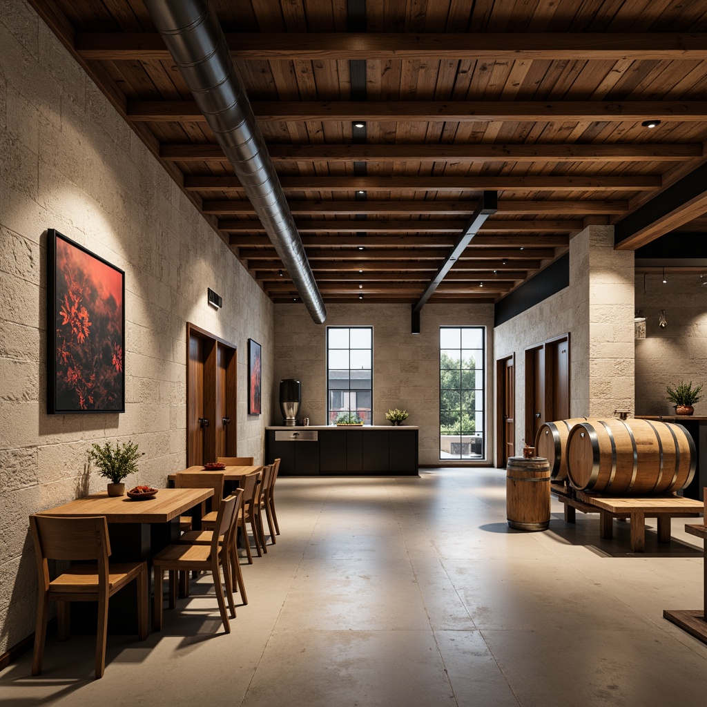 Prompt: Minimalist winery interior, industrial chic decor, reclaimed wood accents, metal beam ceilings, polished concrete floors, modern wine barrels, sleek steel tanks, rustic wooden tables, minimalist chairs, natural stone walls, earthy color palette, warm soft lighting, shallow depth of field, 1/2 composition, realistic textures, ambient occlusion.