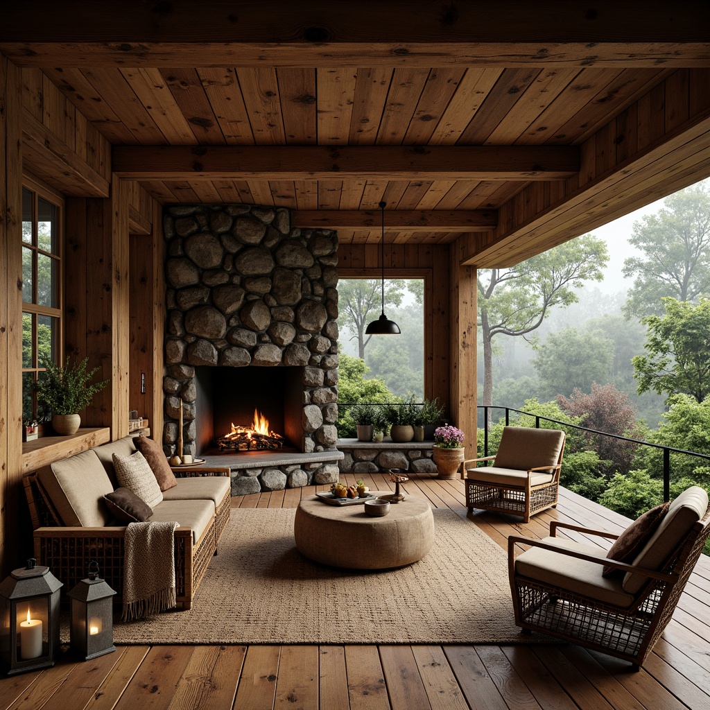 Prompt: Rustic cabin, natural wood textures, reclaimed wooden planks, earthy color palette, stone fireplace, rugged boulder accents, vintage metal lanterns, cozy throw blankets, woven wicker furniture, distressed finishes, organic shapes, moss-covered roofs, overgrown vegetation, misty morning atmosphere, soft warm lighting, shallow depth of field, 1/1 composition, realistic textures, ambient occlusion.