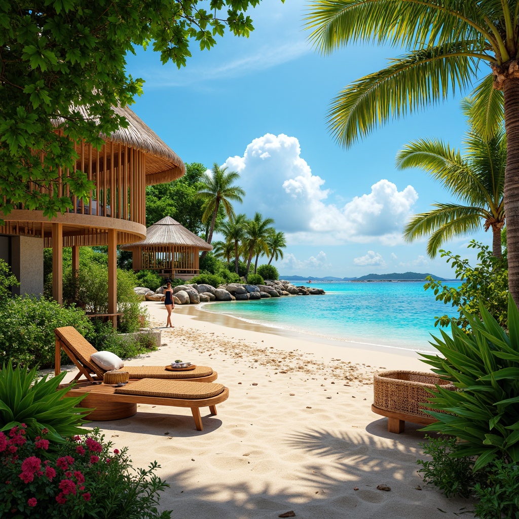 Prompt: Vibrant tropical landscape, lush green foliage, exotic flowers, warm sandy beaches, crystal-clear turquoise water, colorful coral reefs, bright sunny day, soft warm lighting, pastel-colored beach huts, natural wood textures, woven rattan furniture, bold geometric patterns, tribal-inspired motifs, refreshing citrus colors, juicy fruit hues, ocean breeze, 3/4 composition, panoramic view, realistic textures, ambient occlusion.