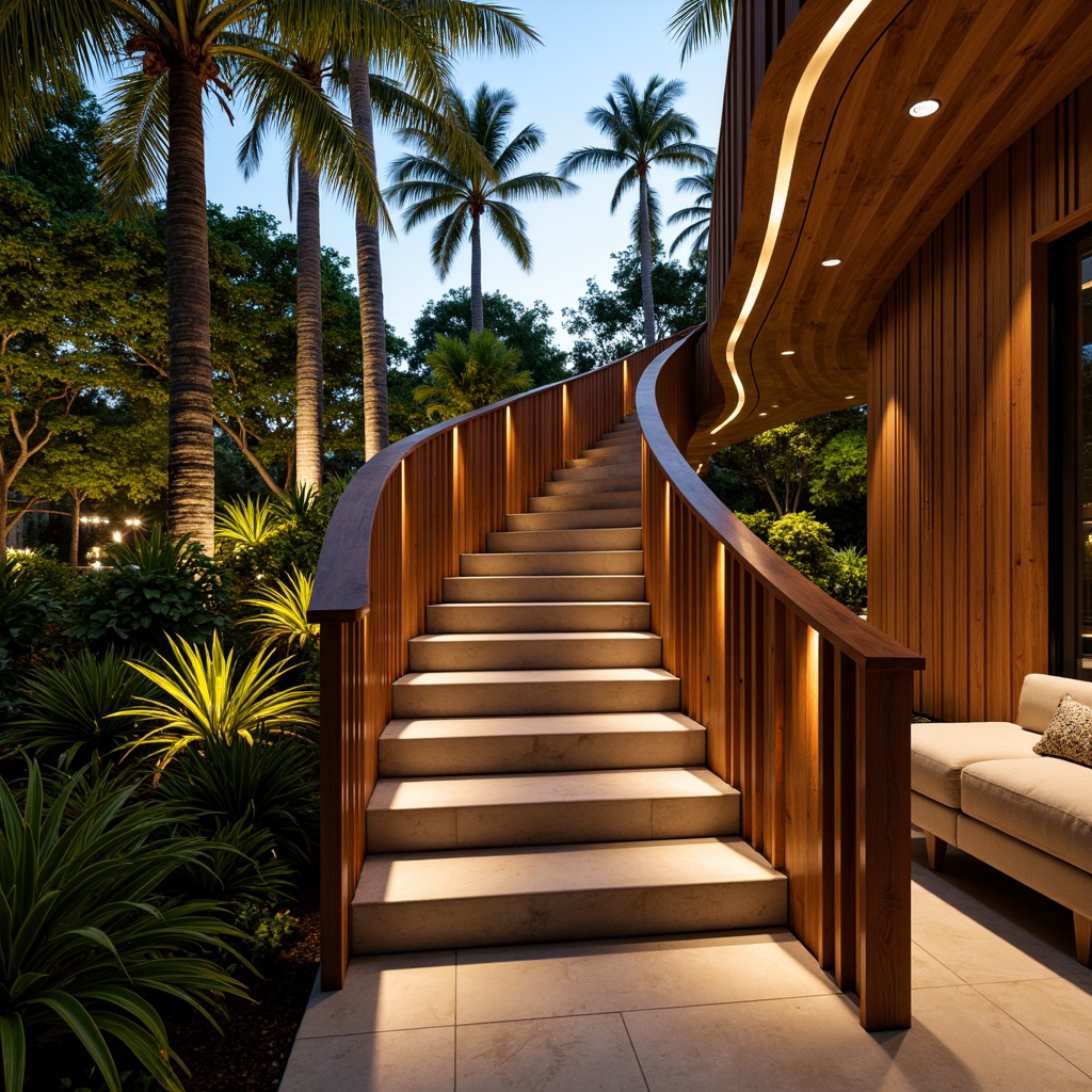 Prompt: Tropical staircase, exotic hardwood handrail, lush greenery, natural stone steps, warm golden lighting, soft warm glow, recessed LED lights, ambient indirect illumination, warm white color temperature, subtle shadows, dramatic vertical lines, ascending spiral composition, 1/1 ratio, symmetrical arrangement, elegant curves, polished chrome fixtures, modern minimalist aesthetic, airy open space, natural ventilation, ocean breeze, seaside ambiance.