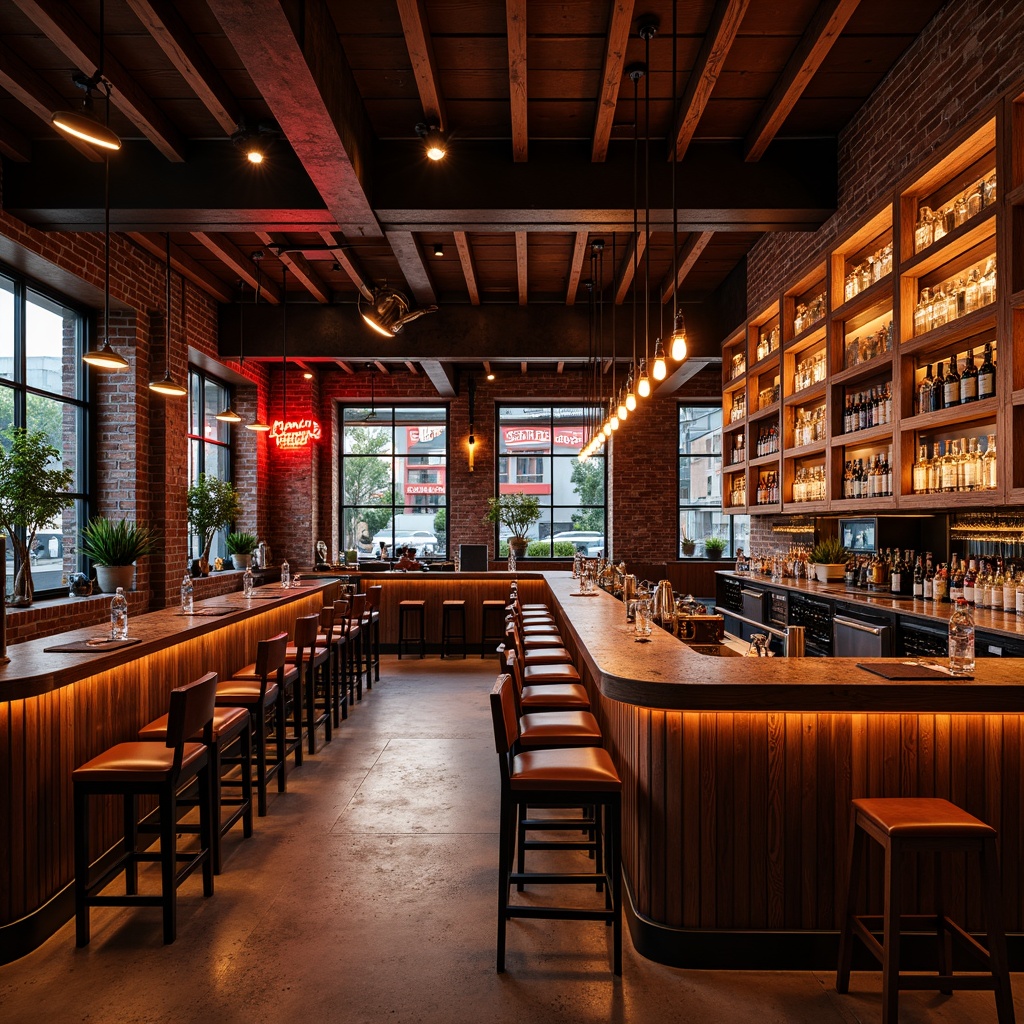 Prompt: Luxurious bar interior, rich wood tones, polished metal accents, glossy countertops, vibrant neon signs, comfortable leather stools, rustic brick walls, industrial concrete floors, modern LED lighting, warm atmospheric ambiance, shallow depth of field, 1/1 composition, realistic textures, ambient occlusion.