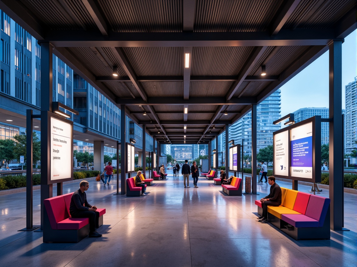 Prompt: Modern bus station, sleek steel beams, polished concrete floors, minimalist seating areas, vibrant colored accents, ergonomic benches, backlit signage, futuristic LED lighting, urban landscape views, bustling city atmosphere, shallow depth of field, 3/4 composition, panoramic view, realistic textures, ambient occlusion.