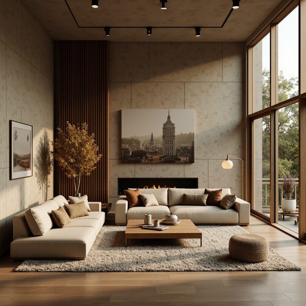 Prompt: Cozy living room, textured walls, earthy tone, natural stone accents, warm beige furniture, plush area rug, floor-to-ceiling windows, soft diffused lighting, 1/1 composition, intimate atmosphere, realistic renderings, ambient occlusion.