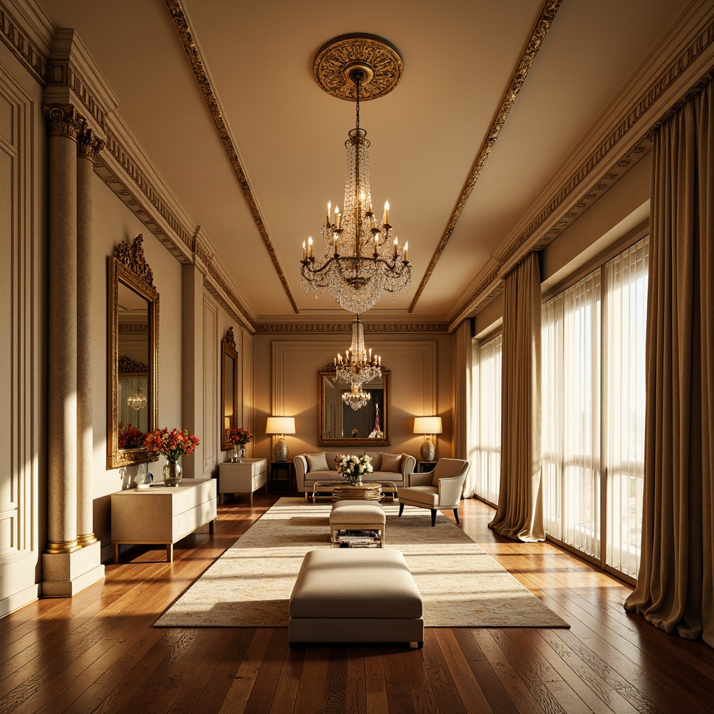 Prompt: Elegant home gym, Neoclassicism style, ornate moldings, crystal chandeliers, warm beige walls, rich wood flooring, antique mirrors, majestic columns, regal archways, lavish drapery, soft golden lighting, table lamps with marble bases, floor-to-ceiling windows, natural daylight, sheer curtains, subtle shadows, 1/2 composition, soft focus, realistic textures, ambient occlusion.