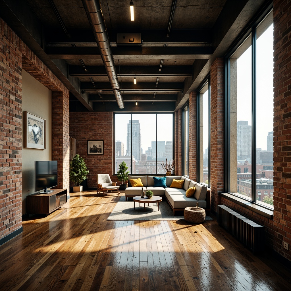 Prompt: Industrial chic loft, exposed brick walls, metal beams, reclaimed wood floors, modern minimalist decor, urban cityscape views, large windows, natural light, airy atmosphere, monochromatic color scheme, rich earthy tones, warm beige, deep blues, industrial greys, pops of vibrant yellow, soft warm lighting, high contrast ratio, shallow depth of field, 2/3 composition, cinematic mood.