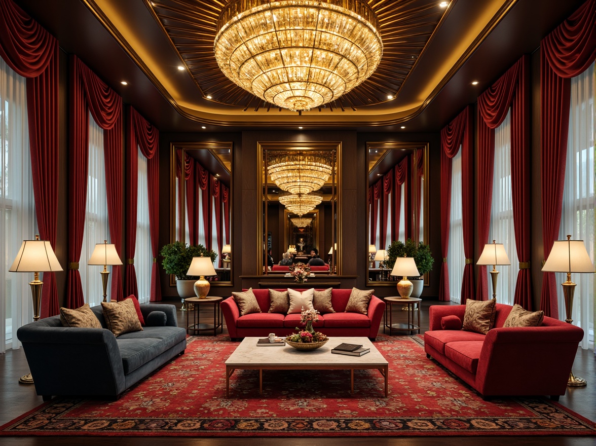 Prompt: Luxurious Art Deco living room, ornate furnishings, velvet sofas, metallic accents, geometric patterns, marble coffee tables, curved lines, luxurious textiles, rich jewel tones, chrome hardware, opulent chandeliers, lavish drapery, sunburst mirrors, bold color schemes, high-gloss finishes, symmetrical compositions, 1/1 aspect ratio, softbox lighting, warm ambient glow.