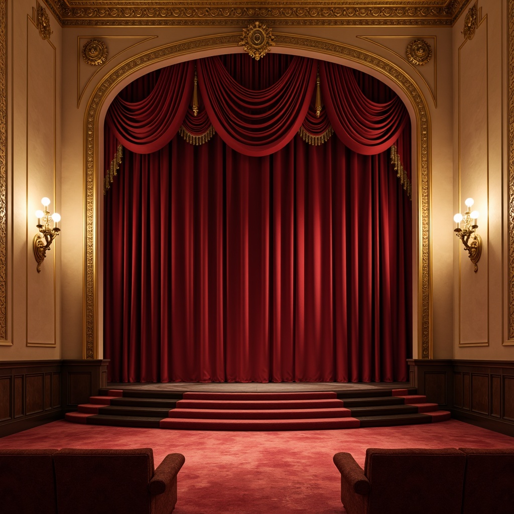 Prompt: Rich velvet curtains, golden lighting sconces, ornate plaster details, luxurious red carpeting, majestic stage presence, dramatic spotlights, warm beige walls, subtle cream accents, elegant dark wood tones, sophisticated metal fixtures, lavish chandeliers, refined burgundy upholstery, sophisticated 1/2 composition, soft focus effect, cinematic atmosphere, realistic fabric textures.