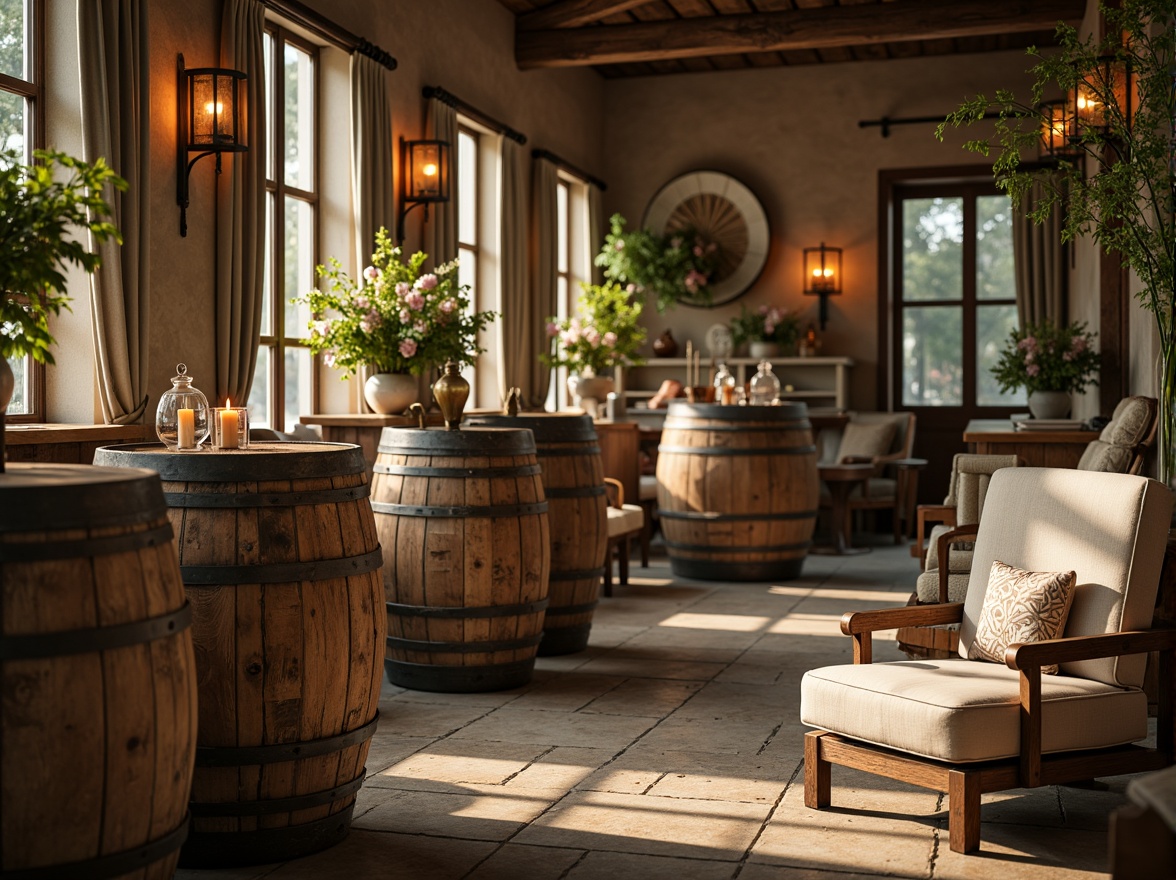 Prompt: Rustic wooden barrels, distressed finishes, soft candlelight, vintage metal accents, ornate carvings, natural stone flooring, earthy color palette, lush greenery, flower-filled vases, elegant drapery, linen fabrics, classic furniture pieces, antique decorations, warm beige tones, soft focus, shallow depth of field, 1/1 composition, warm golden lighting, realistic textures, ambient occlusion.