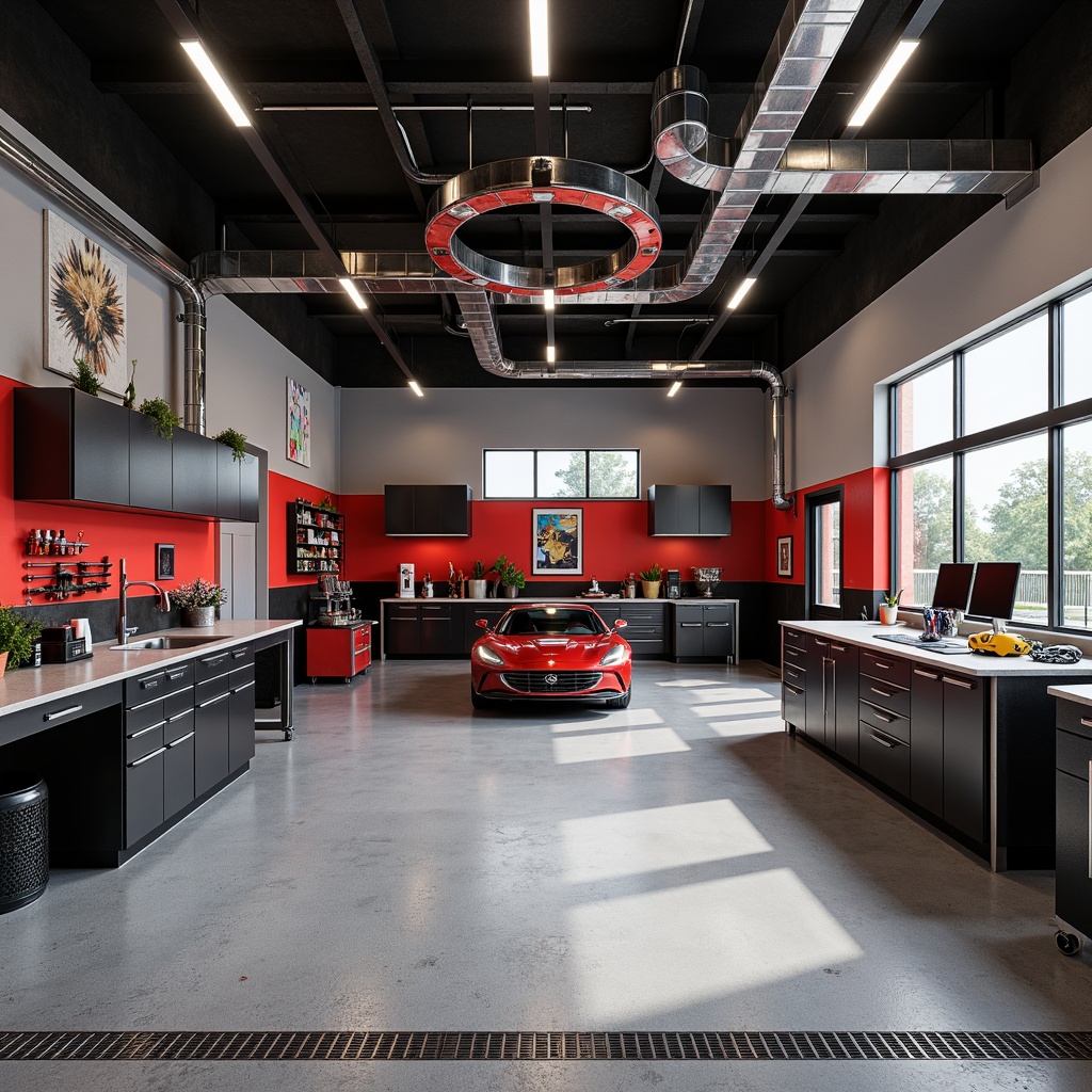 Prompt: Industrial-style garage interior, polished concrete floors, epoxy coatings, vibrant color schemes, metallic accents, durable steel cabinets, functional workstations, sleek tool organizers, modern LED lighting, high-gloss finishes, textured rubber flooring, drainage systems, oil-resistant surfaces, slip-resistant coatings, bold graphics, sporty atmosphere, natural stone accents, exposed ductwork, minimalist decor.