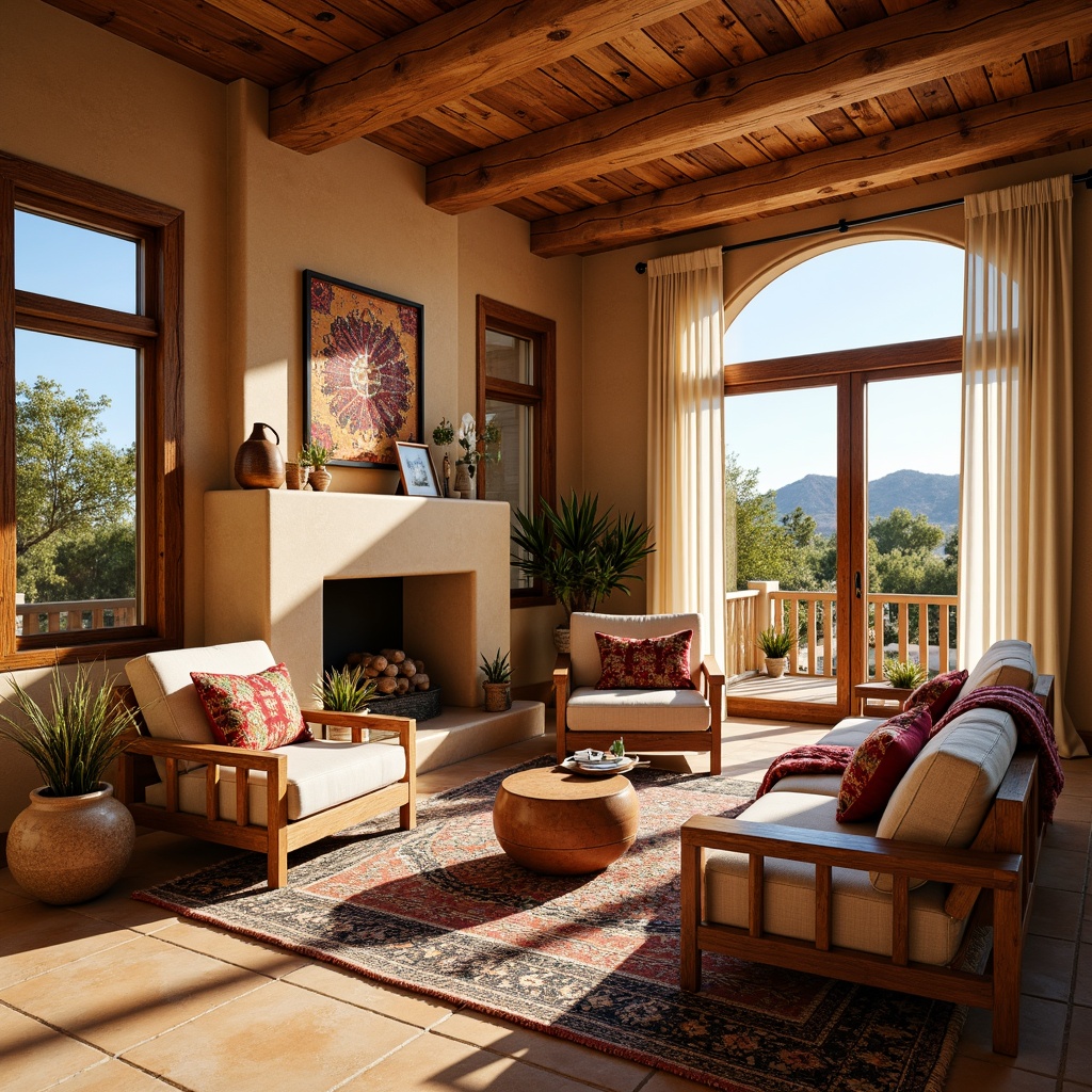 Prompt: Cozy southwestern living room, vibrant Navajo-inspired patterns, colorful woven textiles, plush throw blankets, rustic wooden furniture, natural stone fireplace, earthy tone walls, warm beige flooring, soft golden lighting, comfortable sectional sofa, ethnic-printed pillows, woven baskets, potted cacti, desert landscape views, large windows, sliding glass doors, sunny afternoon, relaxed atmosphere, 1/1 composition, shallow depth of field, realistic textures.