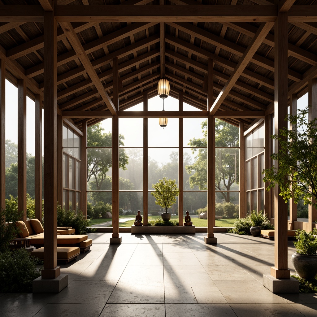 Prompt: Elegant pavilion, Asian-inspired interior design, natural light pouring through, sliding glass doors, wooden accents, paper lanterns, intricate carvings, Buddha statues, lush greenery, bamboo plants, minimalist decor, soft warm lighting, shallow depth of field, 3/4 composition, realistic textures, ambient occlusion.