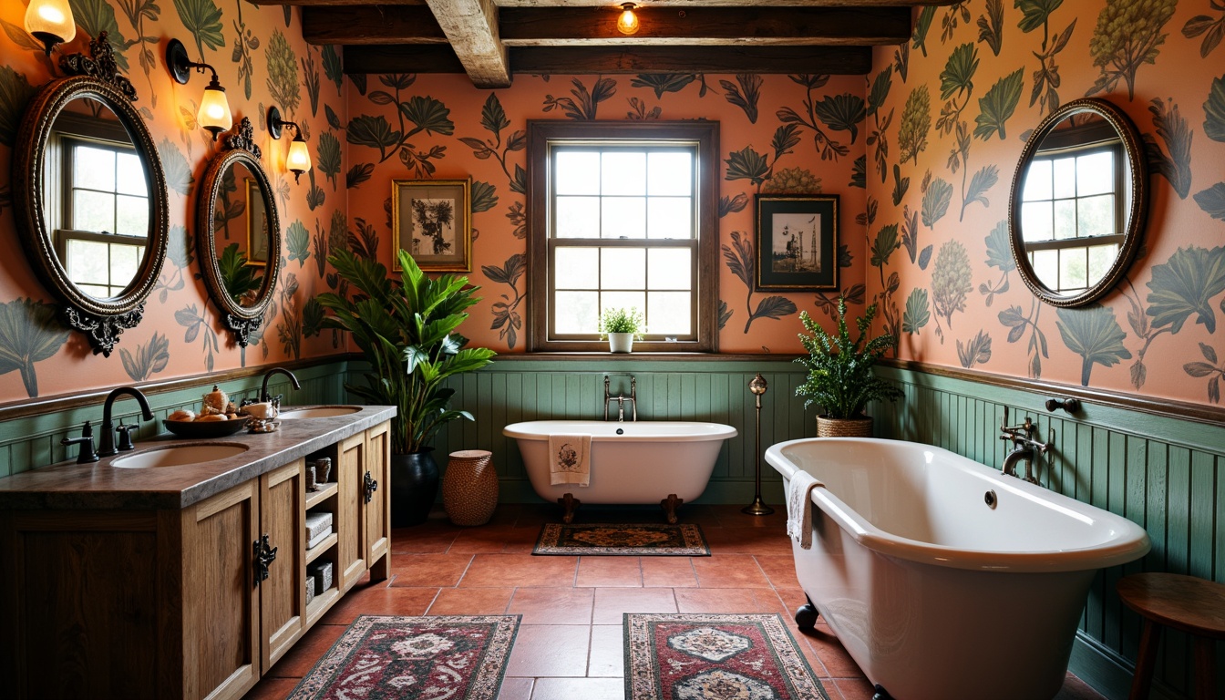 Prompt: Whimsical bathroom, eclectic style, vibrant color palette, ornate mirrors, antique fixtures, distressed wood cabinets, vintage metal accents, bold patterned tiles, freestanding tubs, rain showerheads, handheld sprayers, LED mood lighting, natural stone countertops, polished chrome hardware, artistic wallpaper, botanical prints, plush area rugs, soft warm ambiance, shallow depth of field, 1/2 composition, realistic textures, ambient occlusion.