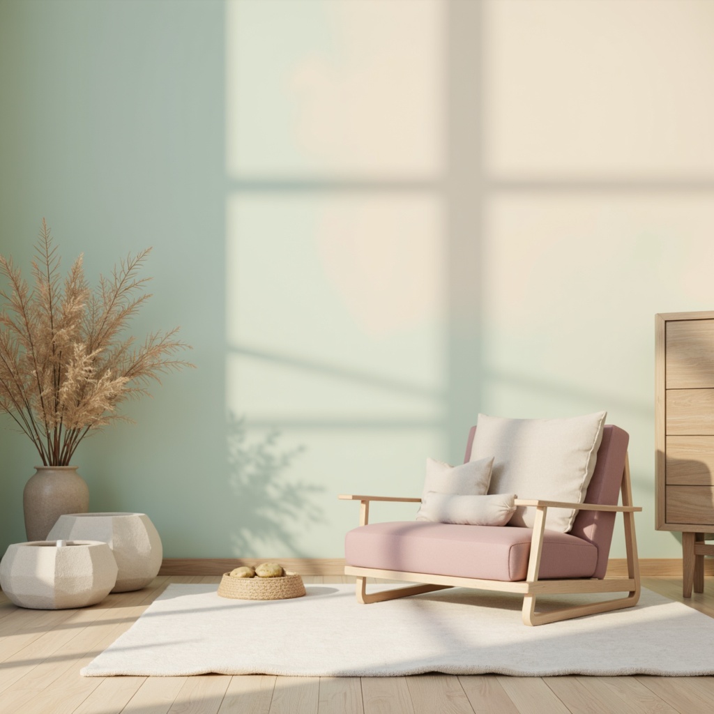 Prompt: Soft pastel hues, gentle gradient transitions, calming atmosphere, serene ambiance, natural materials, wooden accents, earthy tones, creamy whites, soothing blues, muted greens, warm beige, subtle texture variations, elegant typography, minimalist composition, 2/3 rule, soft focus, warm lighting, shallow depth of field.