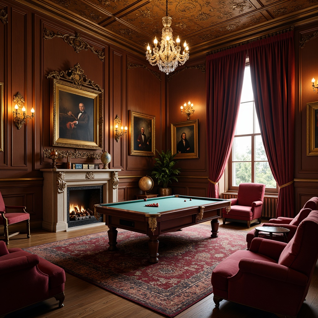 Prompt: Luxurious game room, rich wood paneling, ornate furnishings, velvet drapes, intricate moldings, gilded accents, classic oil paintings, leather-bound books, vintage globe, plush area rugs, heavy curtains, crystal chandeliers, warm golden lighting, soft focus blur, 1/1 composition, symmetrical framing, realistic fabric textures, ambient occlusion.