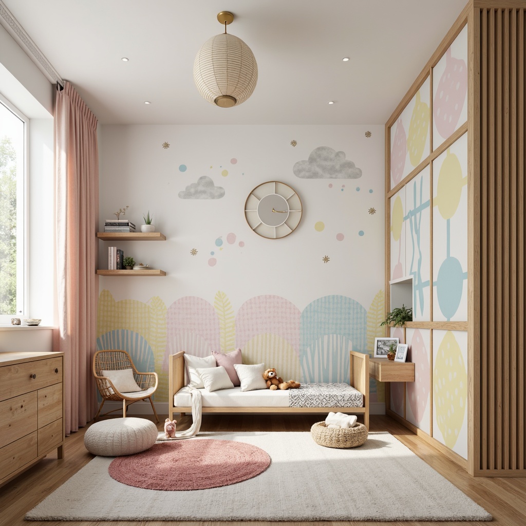 Prompt: Whimsical children's bedroom, soft pastel colors, playful polka dots, gentle cloud murals, colorful alphabet decals, textured 3D wall panels, natural wood accents, cozy reading nooks, plush area rugs, modern minimalist furniture, bold striped walls, creative stencils, vibrant geometric patterns, fun themed wallpaper borders, warm LED lighting, shallow depth of field, 1/1 composition, realistic textures.