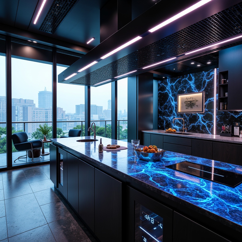 Prompt: Futuristic kitchen, sleek metallic countertops, neon-lit edges, high-gloss finishes, geometric patterns, holographic displays, levitating utensils, touchless faucets, automated cooking stations, induction cooktops, minimalist cabinetry, glass walls, ambient LED lighting, reflective surfaces, sci-fi inspired decor, robotic arms, smart home integration, augmented reality interfaces, 3D-printed accessories, avant-garde appliances, futuristic sinks, space-age materials.