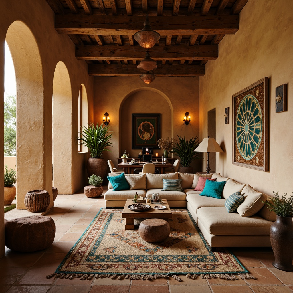 Prompt: Earth-toned adobe walls, rough-hewn stone textures, rustic wooden accents, vibrant turquoise accessories, woven Native American-inspired patterns, cozy candlelit ambiance, warm beige tones, natural fiber rugs, plush sectional sofas, vintage Spanish colonial furniture, ornate metalwork details, soft golden lighting, shallow depth of field, 1/1 composition, realistic textures, ambient occlusion.