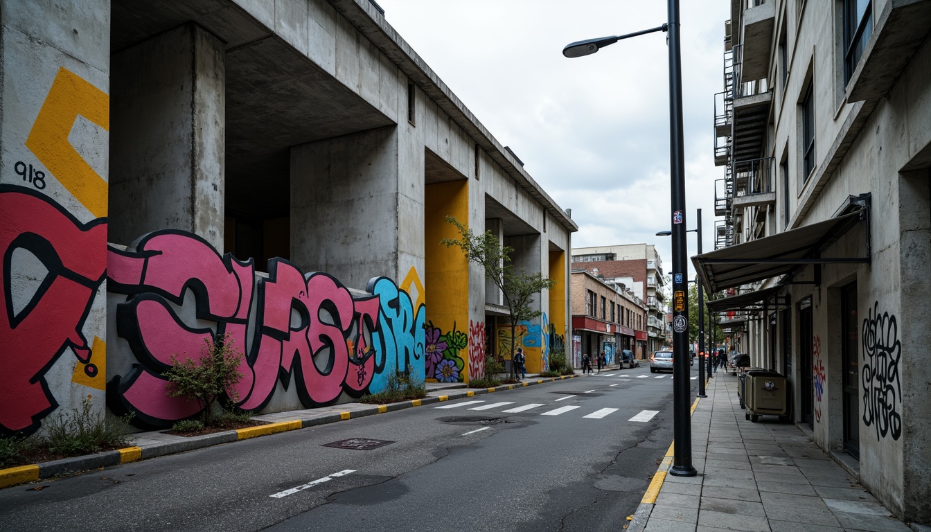 Prompt: Exposed concrete walls, rugged textures, industrial brutalist architecture, vibrant color accents, bold geometric shapes, abstract graffiti, urban cityscape, overcast sky, dramatic lighting, strong shadows, 3/4 composition, low-angle shot, gritty realistic render, ambient occlusion.