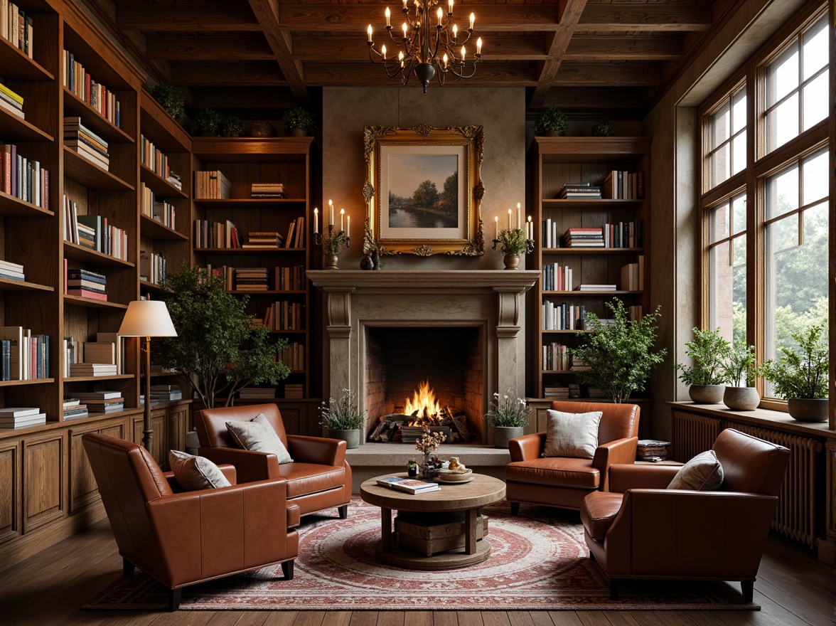 Prompt: Cozy library, wooden bookshelves, rustic oak tables, vintage leather armchairs, warm lantern lighting, natural stone fireplace, earthy color palette, woven wool rugs, distressed wood accents, classic novels, comfortable reading nooks, soft warm glow, shallow depth of field, 2/3 composition, realistic textures, ambient occlusion.