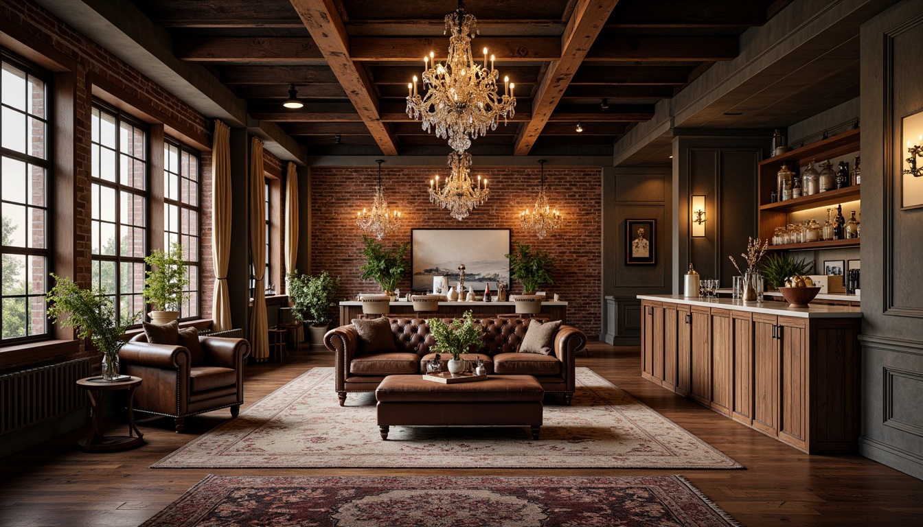 Prompt: Exposed brick walls, reclaimed wood floors, industrial metal beams, vintage decorative lighting, distressed leather sofas, plush area rugs, ornate wooden furniture, rich velvet drapes, classic marble countertops, elegant crystal chandeliers, soft warm candlelight, shallow depth of field, 1/1 composition, realistic textures, ambient occlusion.