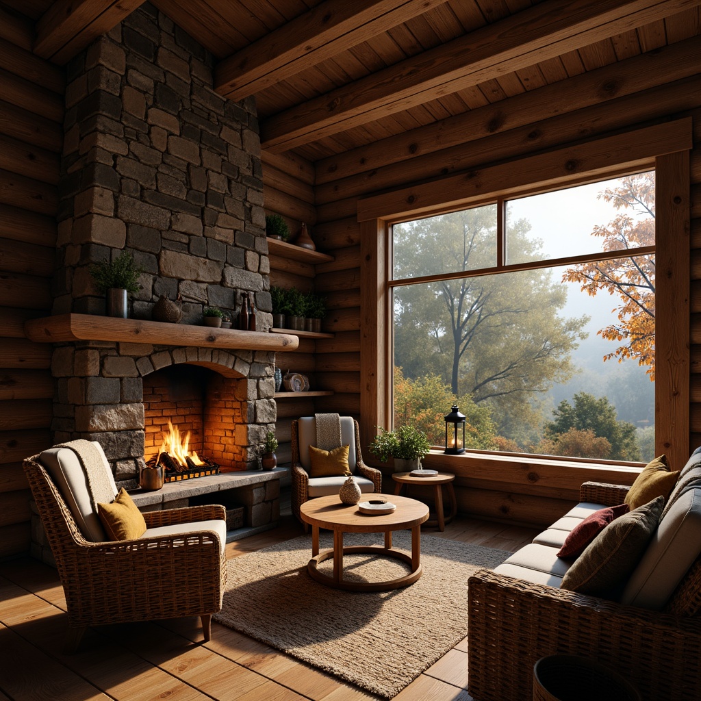 Prompt: Rustic cabin, wooden logs, earthy tones, natural stone fireplace, vintage furniture, distressed wood textures, woven wicker chairs, plush throw blankets, lantern-style lighting, warm cozy ambiance, autumn leaves, forest surroundings, misty morning, soft golden lighting, 1/1 composition, intimate close-up view, realistic wood grain, subtle ambient occlusion.