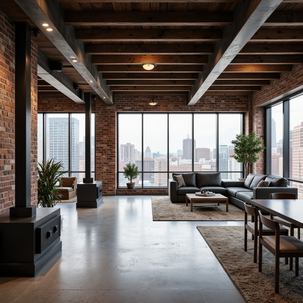 Prompt: Exposed brick walls, polished concrete floors, minimalist industrial decor, reclaimed wood accents, sleek metal beams, open-plan living areas, floor-to-ceiling windows, natural light pouring in, urban cityscape views, modern Scandinavian-inspired furniture, monochromatic color scheme, matte black fixtures, warm ambient lighting, shallow depth of field, 2/3 composition, realistic textures, subtle reflections.