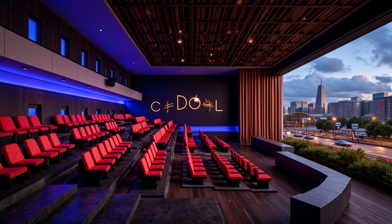 Prompt: Contemporary theater interior, bold color scheme, sleek lines, minimalist decor, innovative seating arrangement, curved rows, staggered seats, plush velvet upholstery, metallic accents, ambient LED lighting, dark wood flooring, acoustic panels, state-of-the-art sound system, retractable stage, panoramic city view, urban landscape, vibrant nightlife, dynamic atmosphere, high-contrast photography, dramatic shadows, wide-angle lens, cinematic composition.