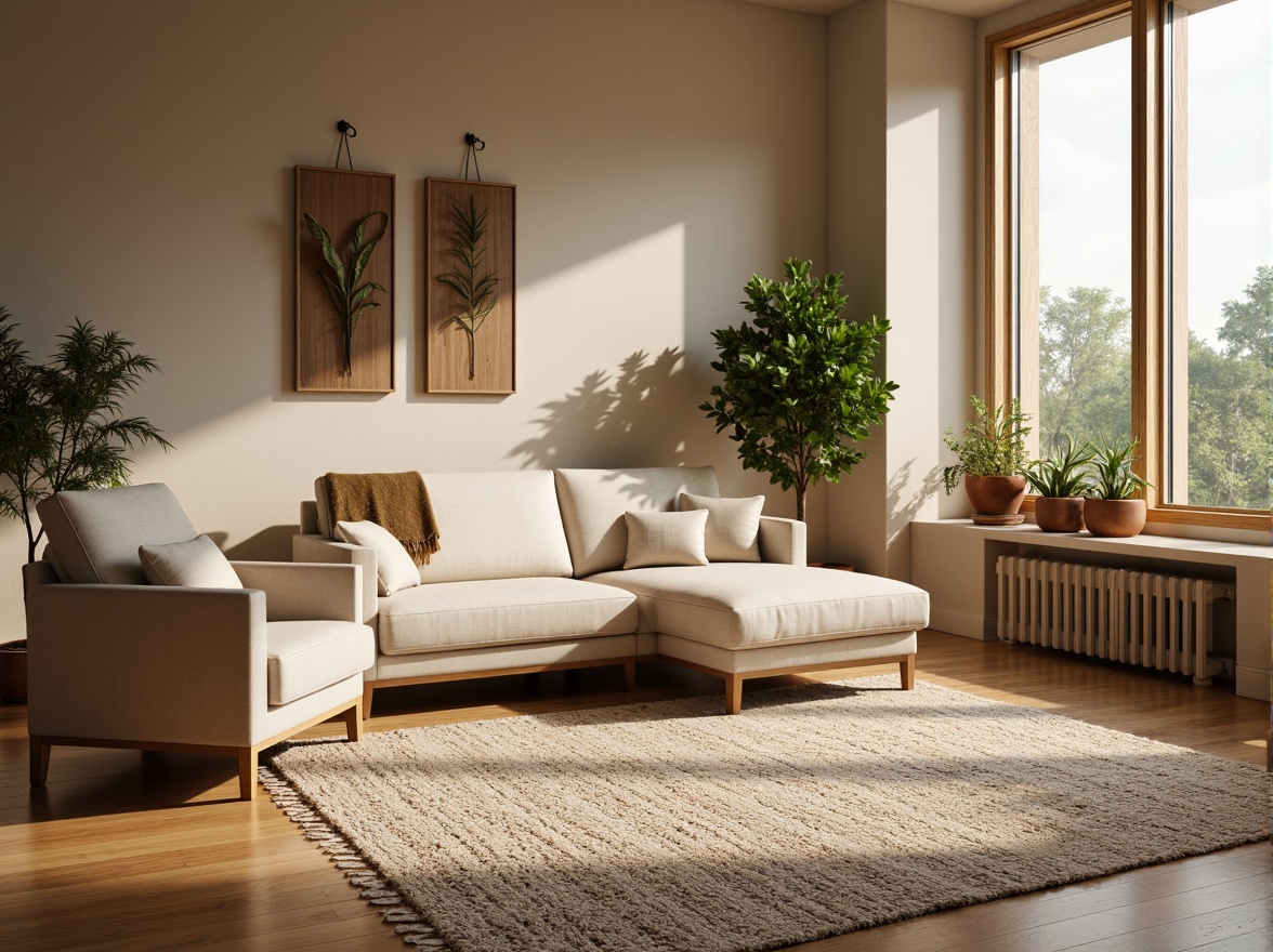 Prompt: Richly textured rug, warm beige walls, soft cream furniture, metallic gold accents, lush greenery, natural wood tones, earthy terracotta planters, cozy ambient lighting, inviting atmosphere, Scandinavian-inspired design, 1/2 composition, subtle gradient effect, realistic reflections, ambient occlusion.