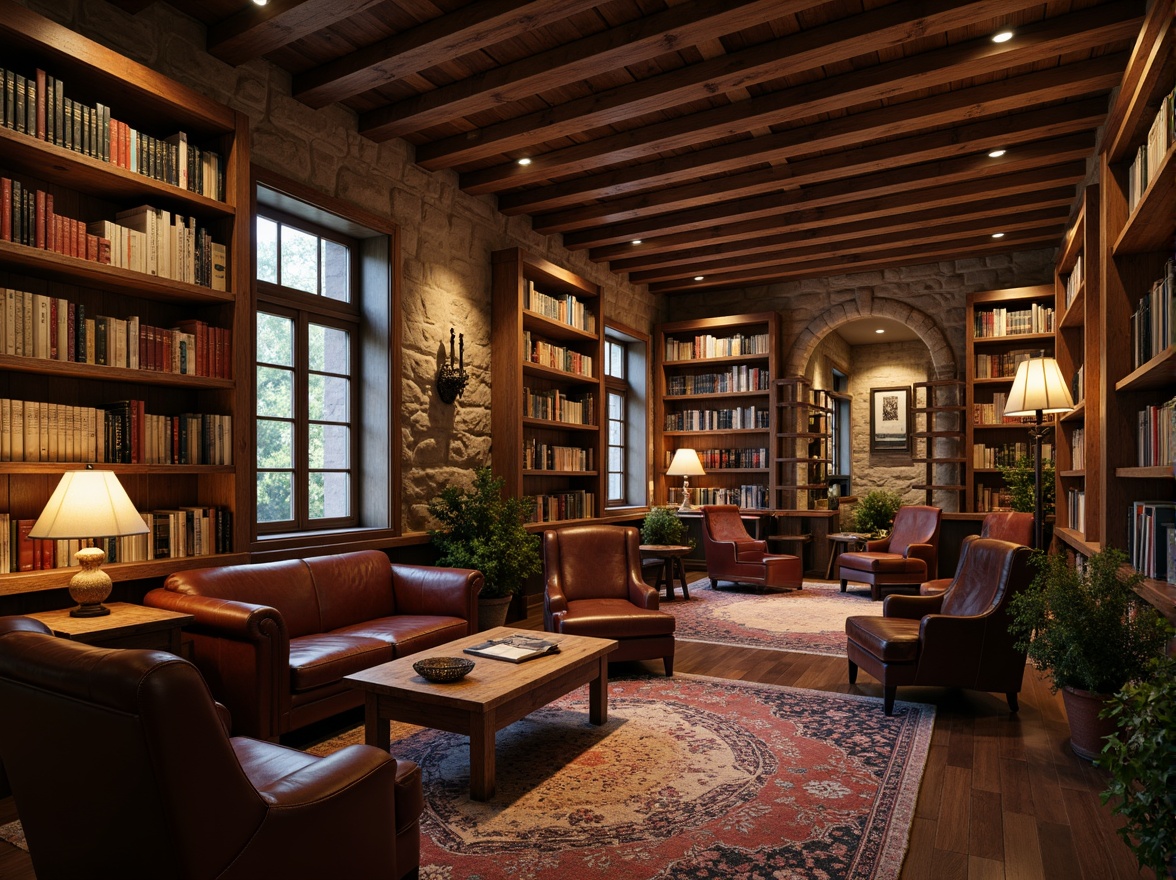 Prompt: Cozy library, wooden bookshelves, vintage leather armchairs, distressed wood coffee tables, plush area rugs, warm candle lighting, earthy color palette, natural stone walls, wooden ceiling beams, comfortable reading nooks, rich wood tones, classic lamp fixtures, soft fabric upholstery, rustic metal accents, worn wooden ladder, quiet atmosphere, shallow depth of field, 1/1 composition, realistic textures, ambient occlusion.