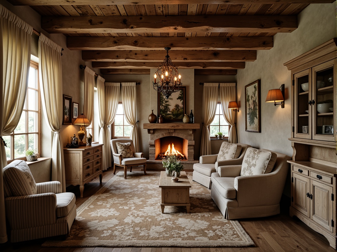 Prompt: Rustic French country interior, distressed wood accents, vintage furniture pieces, soft warm lighting, natural linen fabrics, earthy tone color palette, woven jute rugs, elegant velvet drapes, ornate antique patterns, luxurious silk upholstery, subtle toile prints, delicate lace trimmings, classic stripes motifs, inviting cozy atmosphere, traditional European decor, romantic candlelight, soft focus photography, 1/2 composition, warm golden tones.