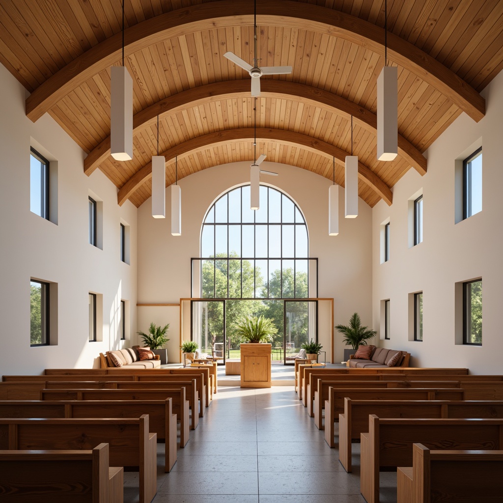 Prompt: Modern church interior, wooden pews, stained glass windows, vaulted ceiling, sound-absorbing acoustic panels, minimalist decor, natural stone flooring, subtle lighting, warm ambiance, gentle reverberation, clear vocal clarity, instrumental resonance, 3-point audio setup, central podium, curved seating arrangement, soft pastel colors, elegant chandeliers, ambient occlusion.