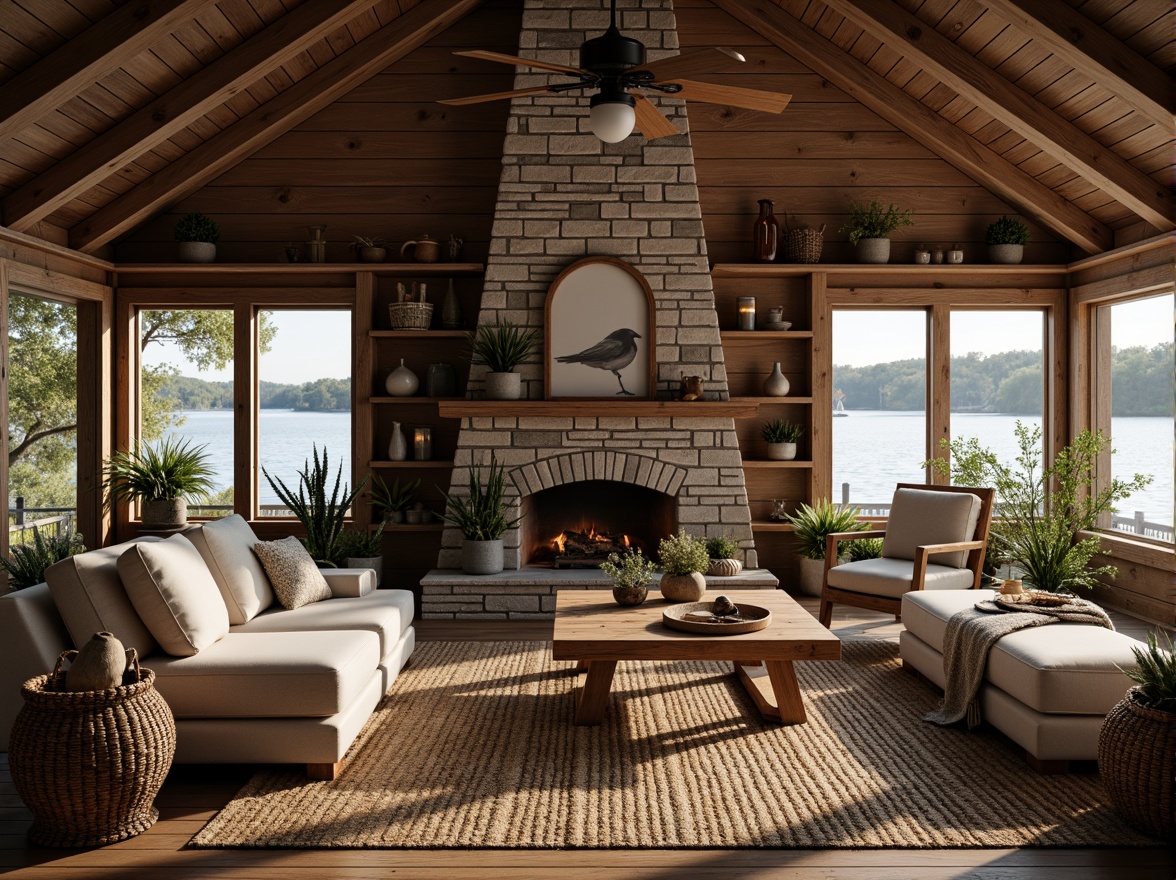 Prompt: Rustic boathouse interior, distressed wooden planks, vintage nautical decor, woven wicker furniture, natural jute rugs, earthy color palette, warm cozy lighting, exposed wooden beams, stone fireplace, lakehouse ambiance, serene water views, minimal ornamentation, organic shapes, tactile materials, soft cushioning, comfortable lounging areas, nature-inspired accents.