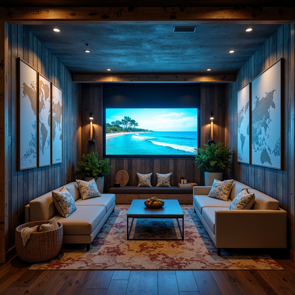 Prompt: Coastal cinema, ocean-inspired decor, driftwood accents, sea-glass chandeliers, coral-patterned rugs, shell-adorned walls, surfboard-shaped coffee tables, nautical-themed posters, vintage sailing maps, distressed wood paneling, beachy color palette, soft blue lighting, wave-inspired seating, plush sectional sofas, natural fiber textiles, woven sea grass baskets, coastal scenery projections, cinematic sound systems, atmospheric fog effects, 3/4 composition, cinematic framing, realistic textures, ambient occlusion.