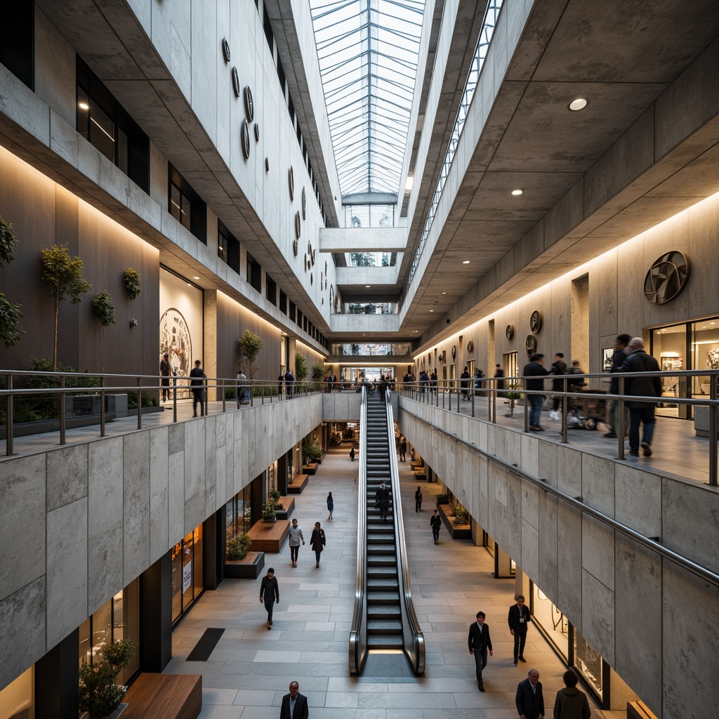 Prompt: Rugged shopping mall interior, exposed concrete walls, brutalist architectural style, industrial-chic aesthetic, raw concrete floors, minimalist decoration, functional modern lighting, sleek metal railings, geometric-shaped escalators, monochromatic color scheme, urban cityscape views, busy pedestrian traffic, natural daylight, dramatic high ceilings, abstract art installations, metallic accents, polished steel surfaces, contrasting textures, shallow depth of field, 1/2 composition, realistic reflections.