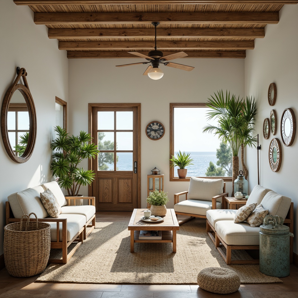 Prompt: Driftwood decor, nautical accents, ocean-inspired colors, distressed wood furniture, linen fabrics, natural textiles, woven baskets, jute rugs, shell-adorned mirrors, coral-patterned ceramics, beachy lighting fixtures, vintage sailing instruments, tropical plants, palm fronds, sea-glass vases, weathered metal lanterns, soft blue-green color palette, airy open spaces, minimalist decor, rustic wooden beams, natural fiber wall coverings, organic shapes, relaxed atmosphere, warm sunny day, soft golden lighting, shallow depth of field, 1/2 composition.