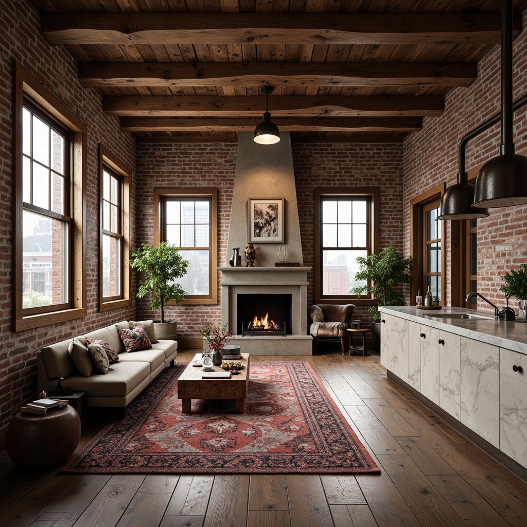 Prompt: Exposed brick walls, distressed wooden beams, industrial metal accents, reclaimed wood flooring, plush area rugs, vintage furniture pieces, ornate metallic light fixtures, rustic stone fireplaces, creamy white marble countertops, soft warm lighting, shallow depth of field, 3/4 composition, realistic textures, ambient occlusion, urban cityscape views, morning natural light, cozy intimate atmosphere.