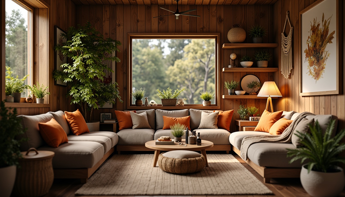 Prompt: Cozy reading nook, warm wooden accents, soft cushions, plush throw blankets, floor lamps, nature-inspired artwork, earthy color palette, woven baskets, macrame wall hangings, greenery, vintage decorative items, distressed wood shelves, rustic metal frames, warm golden lighting, shallow depth of field, 1/2 composition, realistic textures.