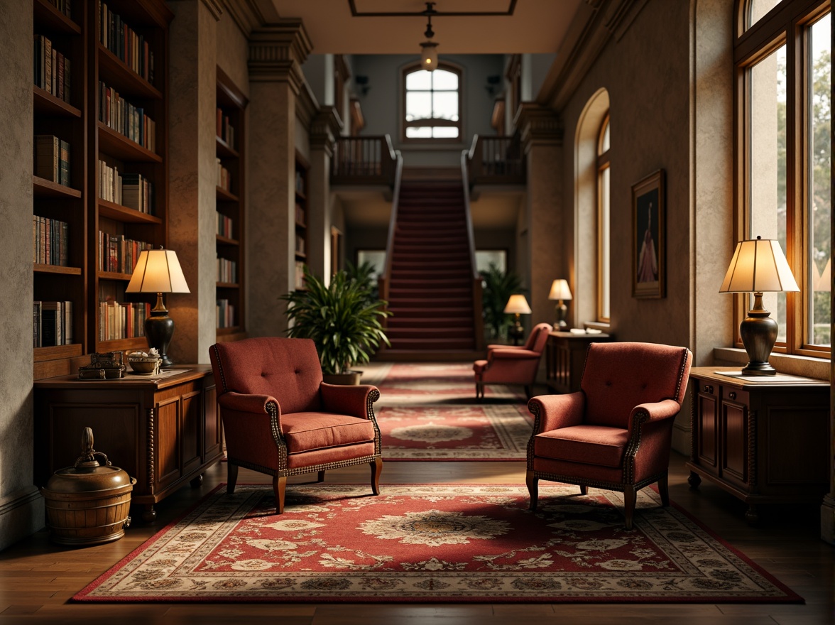 Prompt: Richly textured upholstery, vintage leather armchairs, ornate wooden desks, classic library lamps, cozy reading nooks, plush area rugs, earthy color palette, sophisticated academic atmosphere, traditional university architecture, stone columns, grand staircases, majestic hallways, warm golden lighting, soft focus blur, 1/2 composition, intimate portrait view, realistic fabric textures, subtle ambient noise.