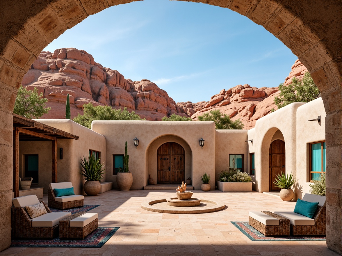 Prompt: Southwestern-style adobe buildings, vast open courtyards, rustic wooden gates, desert landscaping, cactus plants, vibrant turquoise accents, earthy red rock formations, warm sandy dunes, clear blue skies, natural stone walls, curved archways, ornate metal door handles, distressed wood textures, woven wicker furniture, colorful kilim rugs, ambient warm lighting, soft focus blur, shallow depth of field, 1/2 composition, panoramic view, realistic atmospheric effects.