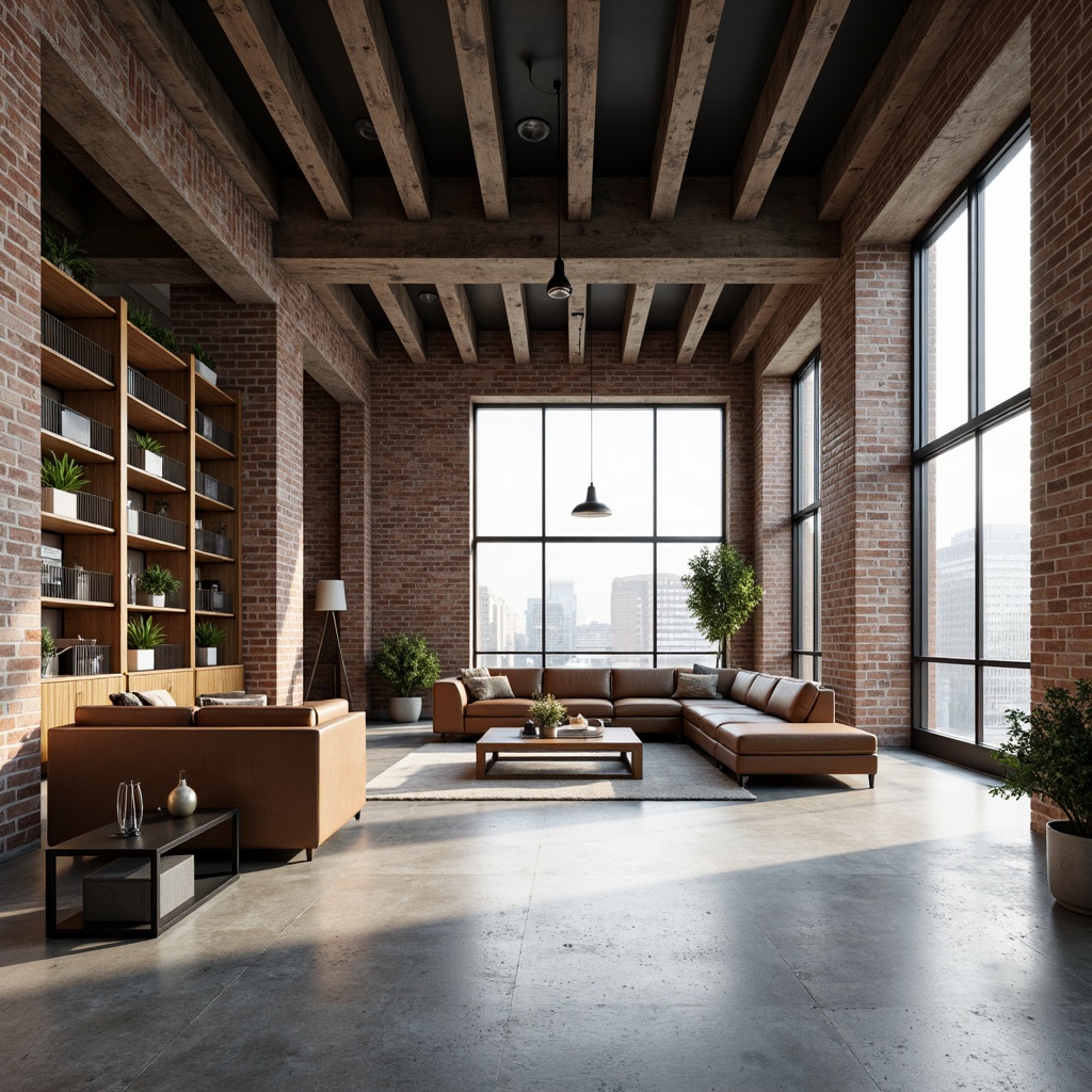 Prompt: Exposed brick walls, polished concrete floors, minimalist industrial decor, sleek metal beams, reclaimed wood accents, floor-to-ceiling windows, urban cityscape views, soft natural lighting, airy open spaces, built-in shelving units, modern low-profile furniture, monochromatic color schemes, smooth leather upholstery, metallic hardware details, abstract geometric patterns, subtle gradient textures, shallow depth of field, 1/1 composition, realistic material renderings.