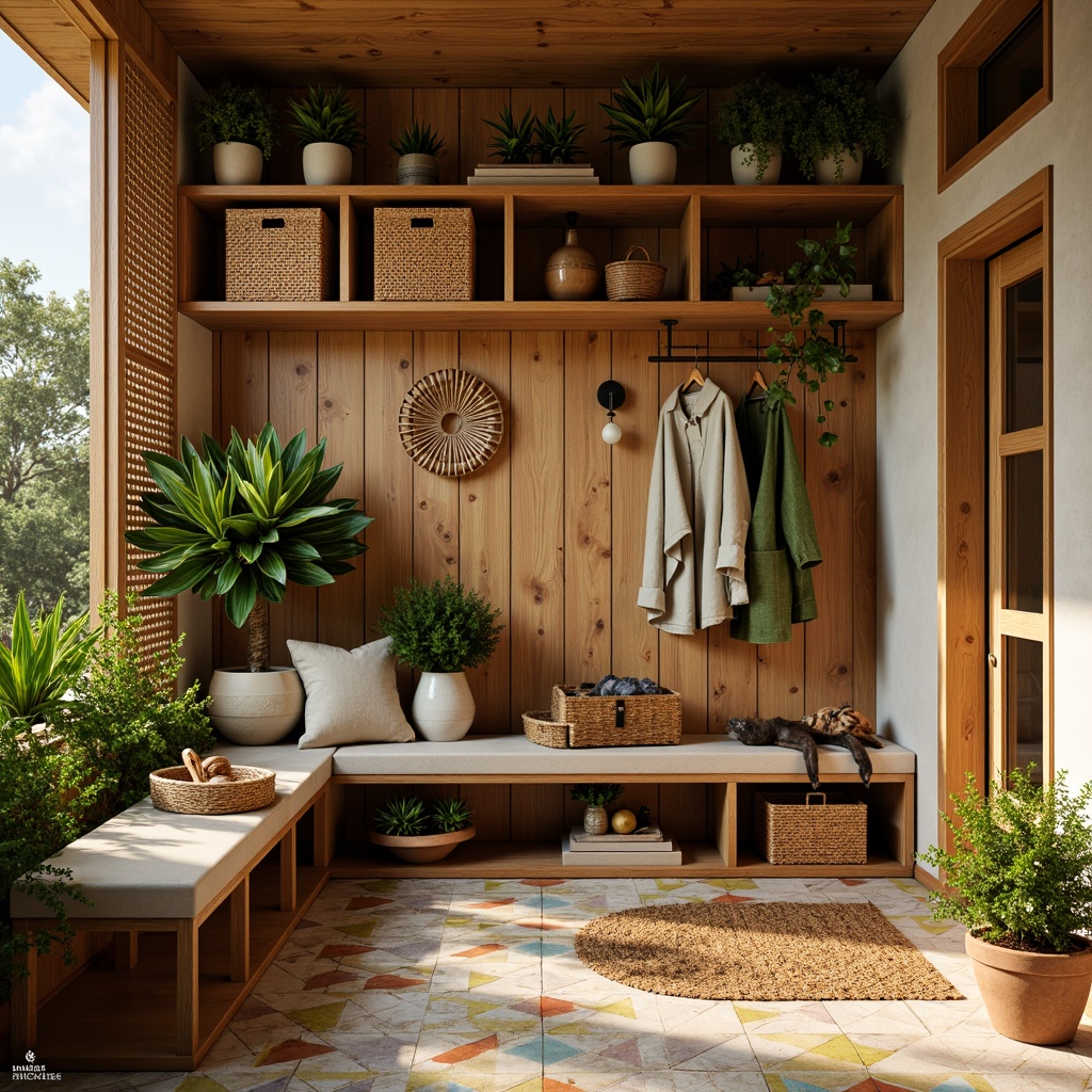 Prompt: Tropical mudroom, natural wood accents, woven rattan storage units, colorful ceramic tiles, exotic plants, warm golden lighting, modern minimalist shelving, sleek metal hooks, woven sea grass baskets, rustic driftwood benches, natural fiber rugs, earthy terracotta pots, lush greenery, vertical garden walls, reclaimed wood decorative panels, 1/1 composition, soft focus, warm color palette.