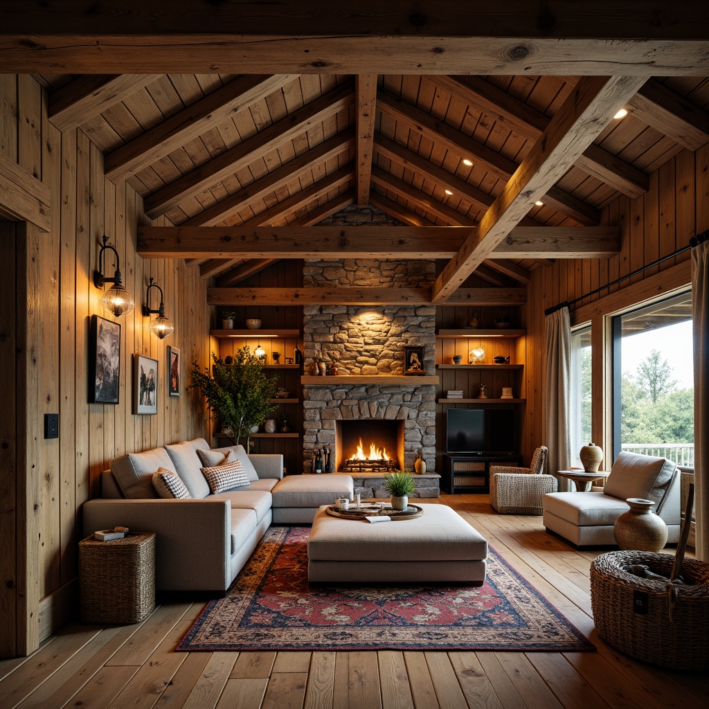 Prompt: Rustic cabin, wooden beams, distressed finishes, earthy tones, natural stone accents, reclaimed wood planks, vintage decorative items, cozy fireplace, plush furnishings, warm ambient lighting, shallow depth of field, 1/1 composition, rustic metal fixtures, woven textiles, nature-inspired color palette, organic shapes, earthy scents.