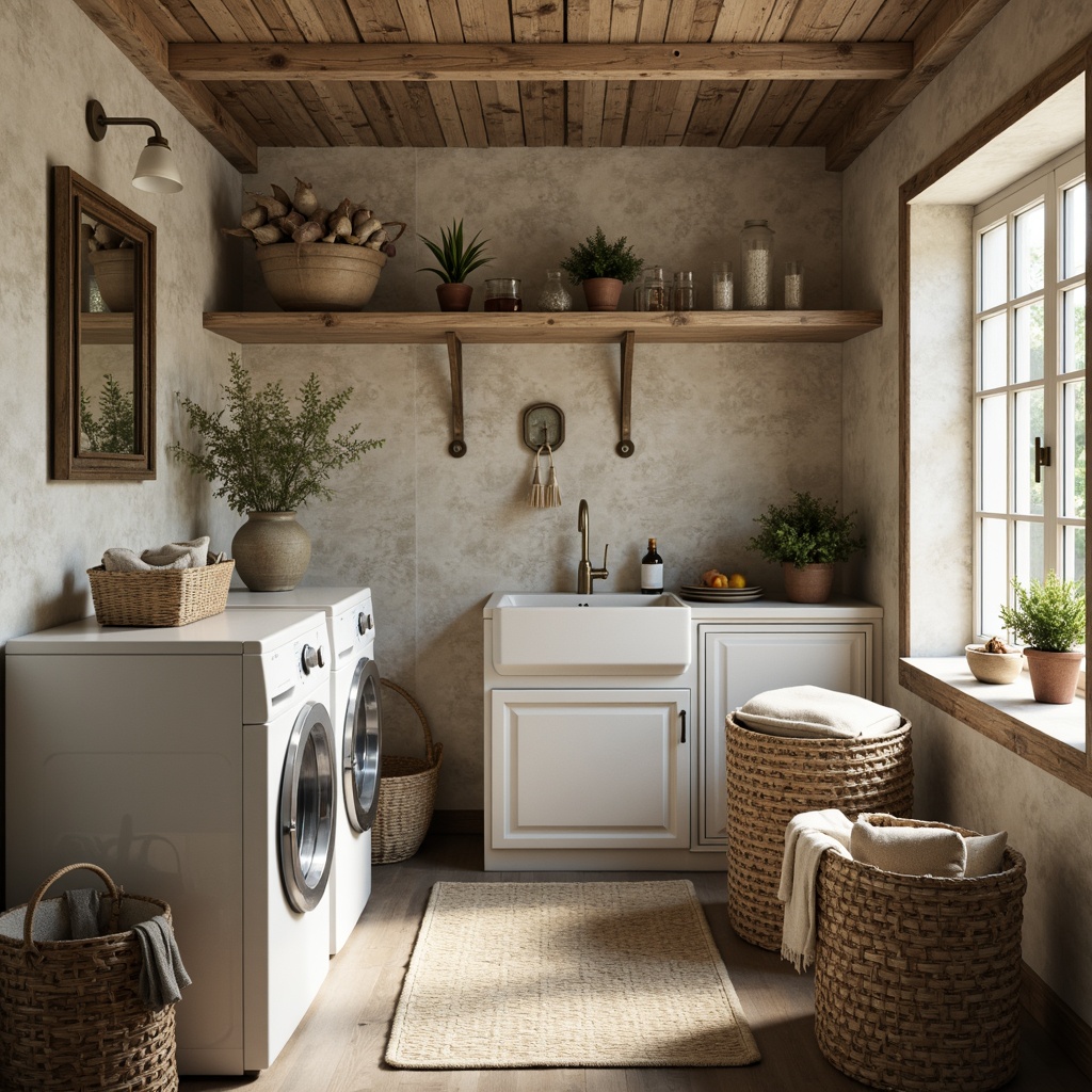 Prompt: Warm vintage laundry room, soft creamy whites, gentle blues, distressed wood accents, antique metal fixtures, rustic stone walls, cozy warm lighting, subtle fabric textures, natural linen fabrics, woven baskets, vintage-inspired decorative accessories, nostalgic ambiance, shallow depth of field, 1/1 composition, realistic renderings, ambient occlusion.